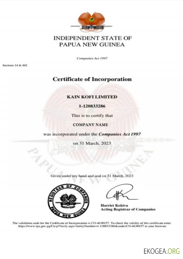 Certificat de constitution en Papouasie Nouvelle Guinée